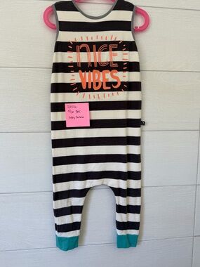 Striped 'Nice Vibes' Kids One-Piece Bodysuit - Black & White with Teal Cuffs